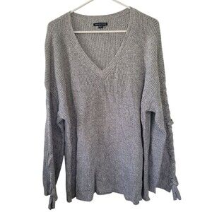 American Eagle Gray Ribbed V-Neck Lace Up Sleeve Sweater Size XXL Wool Blend